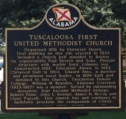 This image shows the historical marker placed in front of the the Tuscaloosa First United Methodist Church