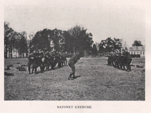 This image shows UA students enrolled in the SATC practicing a bayonet drill on the Quad.