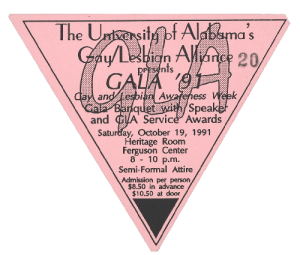 Pink Triangle ticket to a banquet held by UA's Gay Lesbian Alliance in 1991.