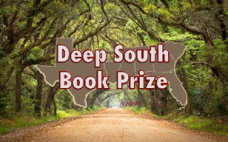 Deep South Book Prize logo overlain an oak canopied dirt road.
