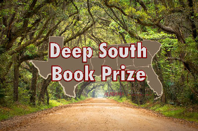 Deep South Book Prize logo overlain an oak canopied dirt road.